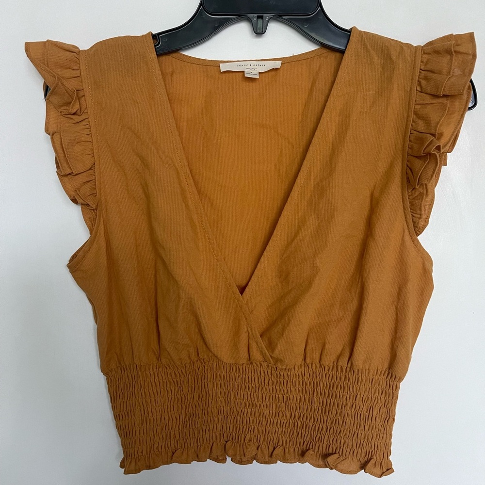 Grade & Gather Brown Ruffle Sleeve Blouse Top V Neck  Flutter Sleeve Sz Small